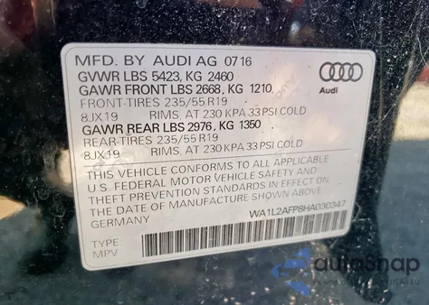 2017 Audi Q5 Premium Plus из США, поврежденный, VIN WA1L2AFP8HA030347